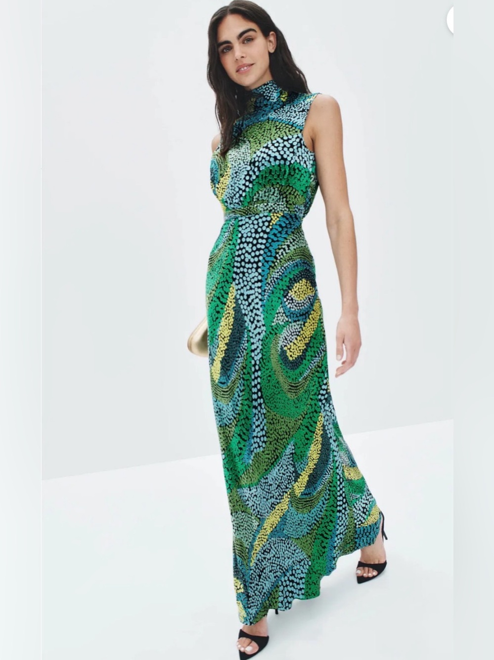 SALONI Fleur Dot Print Dress Sleeveless High-Neck Green Patterned Maxi US 12 - Picture 4 of 17